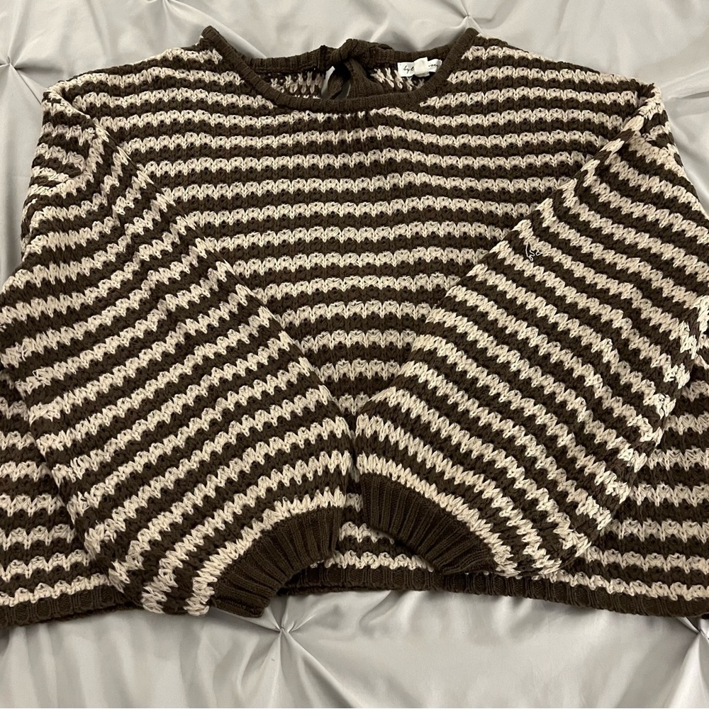 Brown and Cream Crew Neck Sweater with Striped Pattern